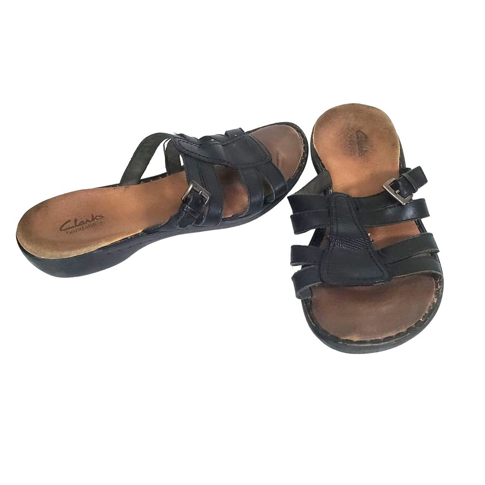 Clarks Bendables Leather Resort Sandal Slides Comfort Straps Black Women Size 9M